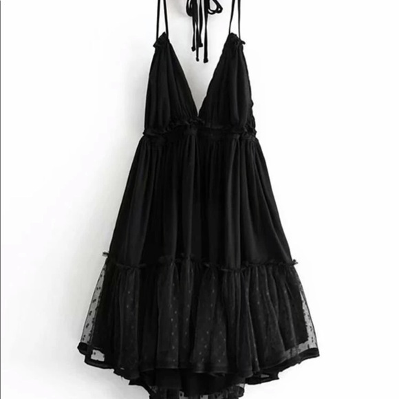 Boho Gypsy Mini Dress Black Sheer Dot Halter Tier - Picture 7 of 14